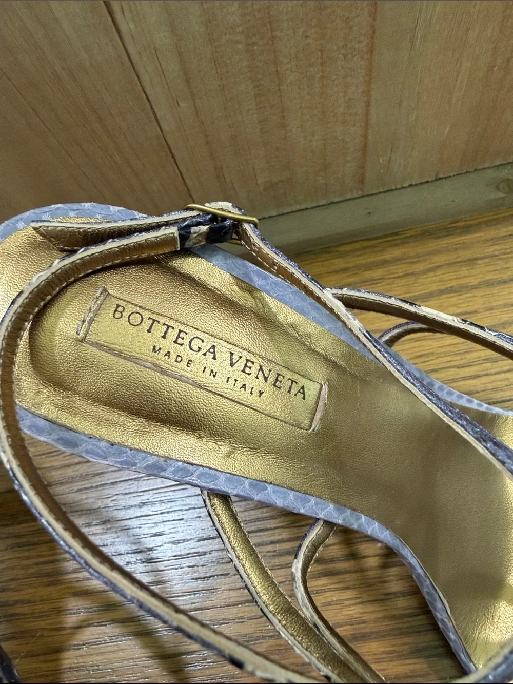 Bottega Veneta Lavender Snake-Effect Strappy Heels